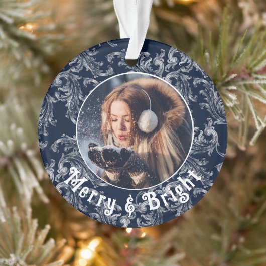 Merry & Bright Foto Gepersonaliseerde Blauwe Vinta Ornament (Boom)