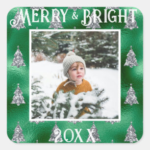 Merry & Bright Foto Metallic Glitter Vierkante Sticker