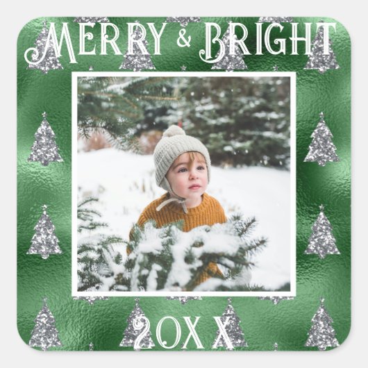 Merry & Bright Foto Metallic Glitter Vierkante Sticker (Voorkant)
