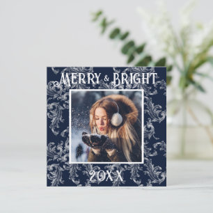 Merry & Bright Foto Navyblauw Vintage Feestdagenkaart