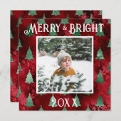 Merry & Bright Foto Rood Metallic Glitter Feestdagenkaart (Voorkant / Achterkant)