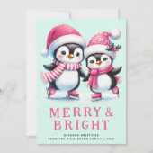 Merry & Bright Fun Penguin Pink Mint Kerstmis Feestdagenkaart (Voorkant)