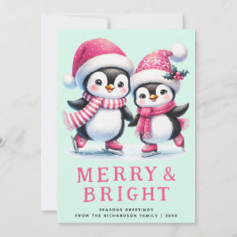 Merry & Bright Fun Penguin Pink Mint Kerstmis Feestdagenkaart