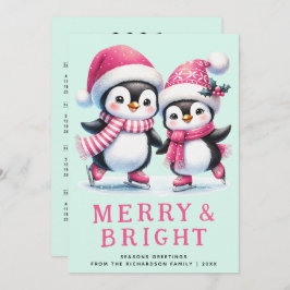 Merry & Bright Fun Penguin Pink Mint Kerstmis Feestdagenkaart