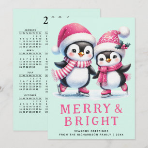 Merry & Bright Fun Penguin Pink Mint Kerstmis Feestdagenkaart