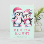 Merry & Bright Fun Penguin Pink Mint Kerstmis Feestdagenkaart (Staand voorkant)