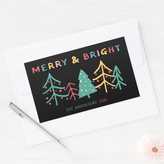Merry & Bright Fun Pine Stijlvolle Kerstmis Zwart Rechthoekige Sticker (Envelop)