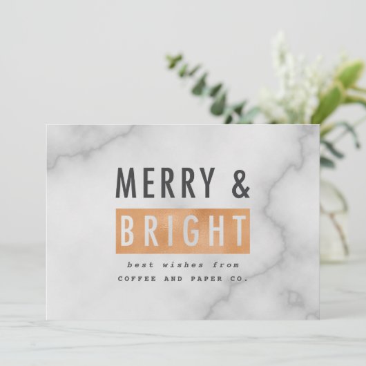 Merry & bright geometric copper and marble feestdagenkaart (Staand voorkant)