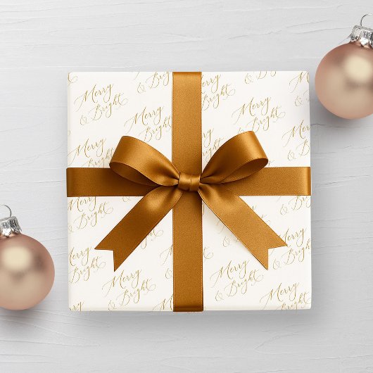 Merry & Bright Gold Script Christmas Cadeaupapier