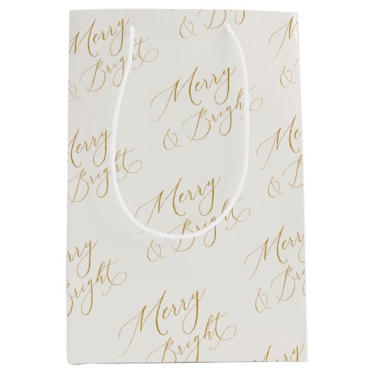 Merry & Bright Gold Script Christmas Gift Bag Medium Cadeauzakje (Voorkant)