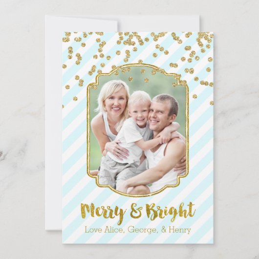 Merry & Bright Gold Sky Blue Stripes Fotokaart Feestdagenkaart (Voorkant)