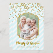 Merry & Bright Gold Sky Blue Stripes Fotokaart Feestdagenkaart (Voorkant / Achterkant)