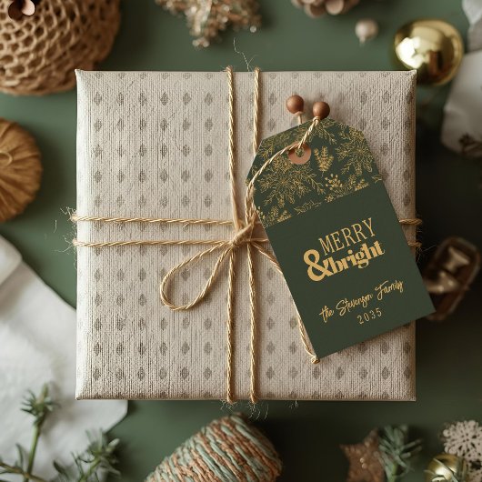 Merry & Bright Green Poinsettia Holiday Gift Tag Cadeaulabel