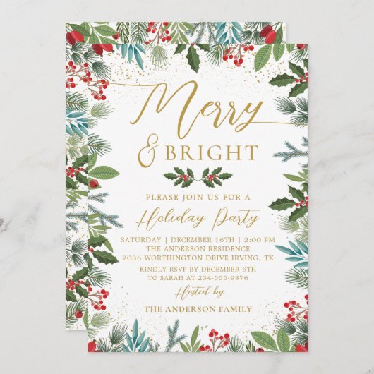 Merry & Bright Greenery Holly Berries Holiday Kaart (Voorkant / Achterkant)