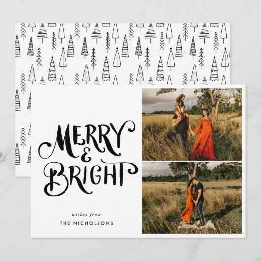 Merry & Bright Handgeschreven Script Familiefoto Kaart (Voorkant / Achterkant)