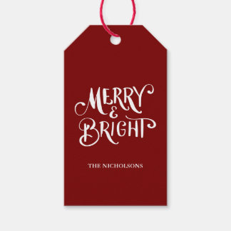 Merry & Bright Handgeschreven Script Rood Cadeaulabel