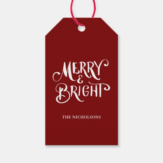 Merry & Bright Handgeschreven Script Rood Cadeaulabel (Voorkant)