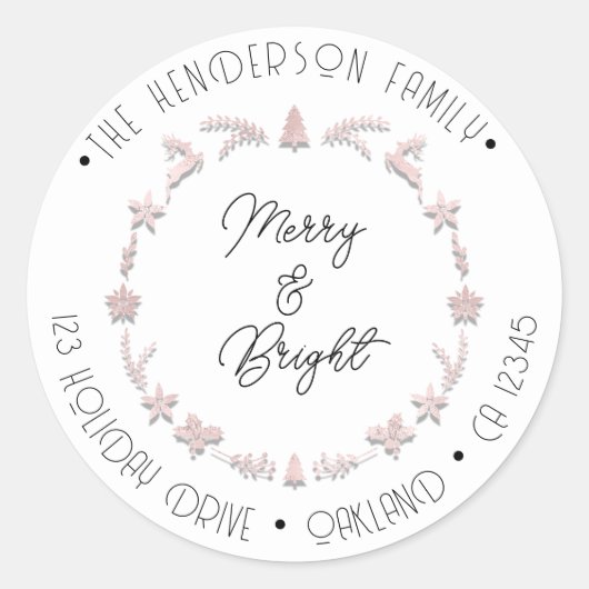 Merry Bright Holiday Adres Wreater Deer PinkWhite Ronde Sticker (Voorkant)