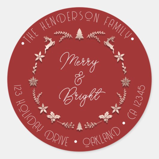 Merry Bright Holiday Adres Wreater Deer Roos Red Ronde Sticker (Voorkant)