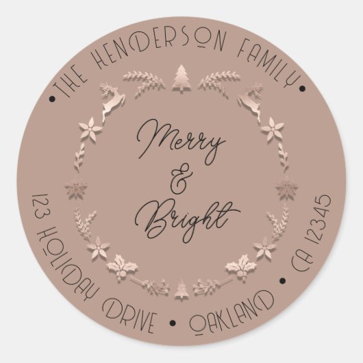 Merry Bright Holiday Adres Wreater Deer RoseSkin Ronde Sticker (Voorkant)