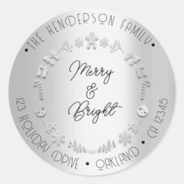 Merry Bright Holiday Adres Wreatver Silver Grey Ronde Sticker
