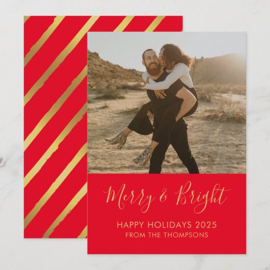 Merry & Bright Holiday Christmas red Photo card Kaart (Voorkant / Achterkant)