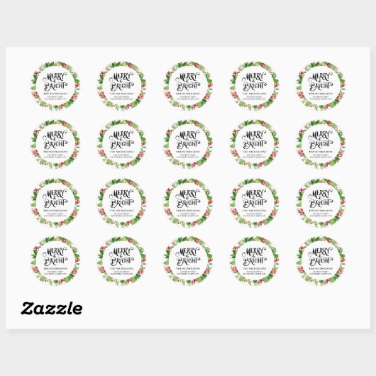 Merry & Bright Holiday Wreath-script Ronde Sticker (Vel)