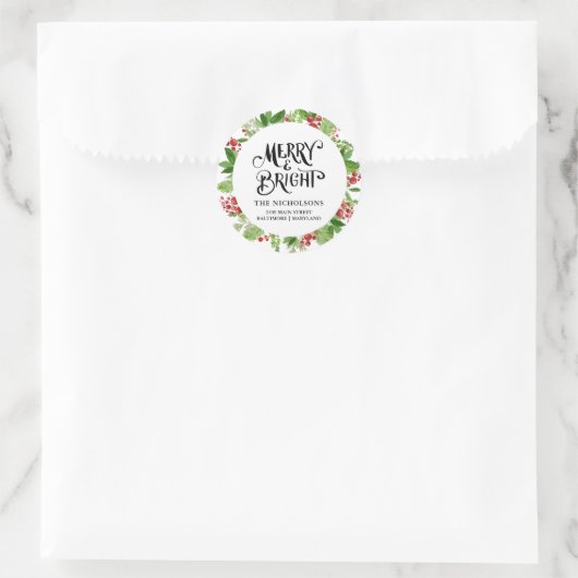 Merry & Bright Holiday Wreath-script Ronde Sticker (Tas)