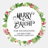 Merry & Bright Holiday Wreath-script Ronde Sticker (Voorkant)
