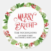 Merry & Bright Holiday Wreath-script Ronde Sticker (Voorkant)