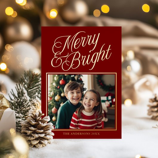 Merry & Bright Kalligrafie Rood Foto Folie Feestdagenkaart