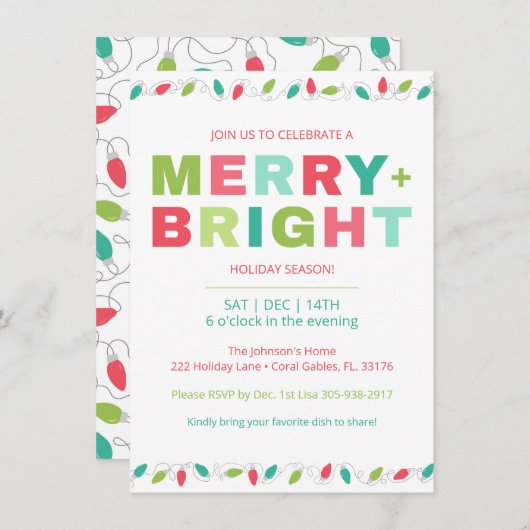 Merry + Bright kerstfeest uitnodiging (Voorkant / Achterkant)