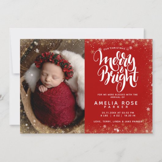 Merry Bright Kerstmis Baby Foto Snowflake Birth Aankondiging (Voorkant)