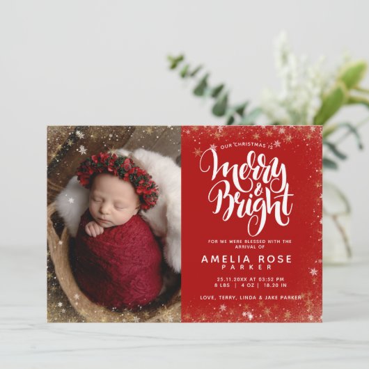 Merry Bright Kerstmis Baby Foto Snowflake Birth Aankondiging (Staand voorkant)