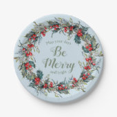 Merry Bright Kerstmis met Berries Green Leaves Papieren Bordje (Voorkant)