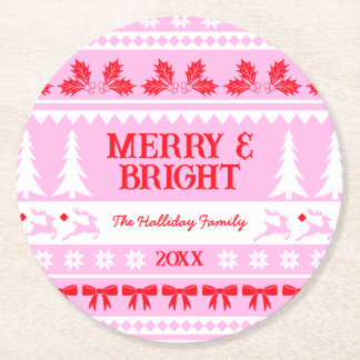 Merry & Bright Kersttrui Roze en Rood Ronde Kartonnen Onderzetter