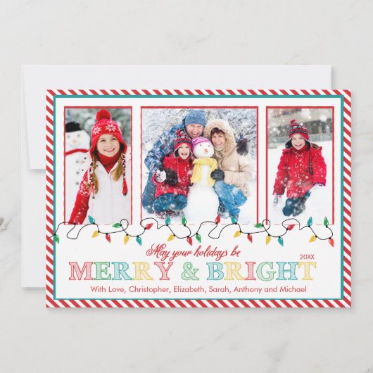 Merry & Bright Kerstverlichting 3 Foto Wenskaart Feestdagenkaart (Voorkant)