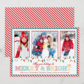 Merry & Bright Kerstverlichting 3 Foto Wenskaart Feestdagenkaart (Voorkant / Achterkant)
