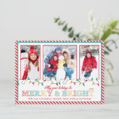 Merry & Bright Kerstverlichting 3 Foto Wenskaart Feestdagenkaart (Staand voorkant)