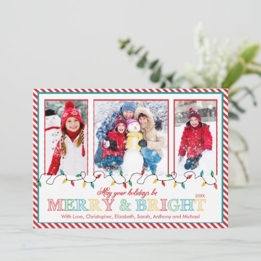 Merry & Bright Kerstverlichting 3 Foto Wenskaart Feestdagenkaart (Staand voorkant)