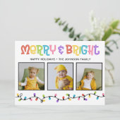 Merry & Bright Kleurrijk 3 Foto Feestdagenkaart (Staand voorkant)