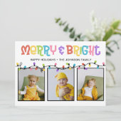 Merry & Bright Kleurrijk 3 Foto Feestdagenkaart (Staand voorkant)