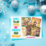 Merry Bright Kleurrijke Kerstfoto Collage Feestdagenkaart<br><div class="desc">Schattigee en vrolijke familie foto collage vakantie kaarten met een kleurrijke streng van kerstverlichting gewikkeld rond uw kinder foto. Moge je dagen vrolijk en helder zijn, geschreven in vetgedrukte letters van lichtblauw naar je familienaam in heet roze. Een regenboog van kleuren voor de feestdagen. Voeg je favoriete 4 foto's toe....</div>