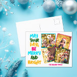 Merry Bright Kleurrijke Kerstmis 4 Fotocollage Feestdagenkaart<br><div class="desc">Schattigee en vrolijke familie foto collage vakantie kaarten met een kleurrijke streng van kerstverlichting gewikkeld rond uw kinder foto. Moge je dagen vrolijk en helder zijn, geschreven in vetgedrukte letters van lichtblauw naar je familienaam in heet roze. Een regenboog van kleuren voor de feestdagen. Voeg je favoriete 4 foto's toe....</div>