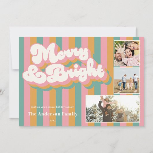 Merry & Bright Kleurrijke Retro Kerstmis 3 Foto Feestdagenkaart (Voorkant)
