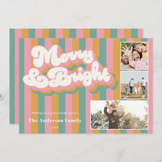 Merry & Bright Kleurrijke Retro Kerstmis 3 Foto Feestdagenkaart (Voorkant / Achterkant)