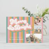 Merry & Bright Kleurrijke Retro Kerstmis 3 Foto Feestdagenkaart (Staand voorkant)