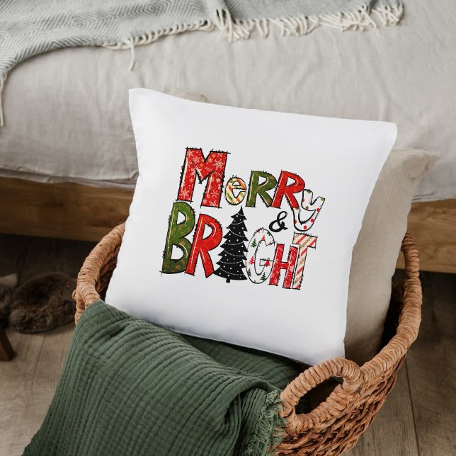 Merry & Bright Kussen – Feestelijk Letterontwerp (Creator heeft geüpload)