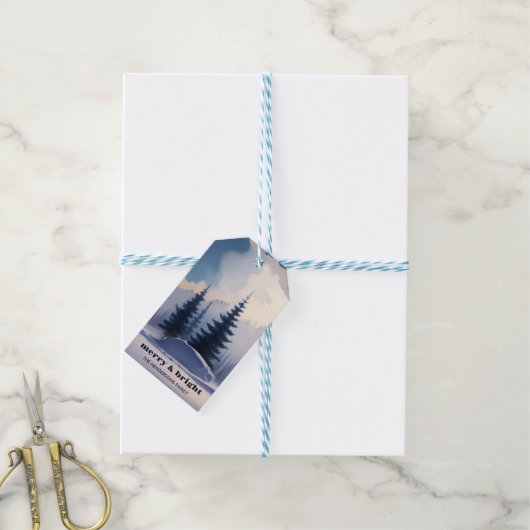 Merry & Bright l Blue Waterverf Pine Forest Cadeaulabel (Met Touw)
