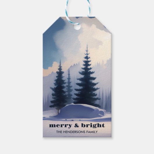 Merry & Bright l Blue Waterverf Pine Forest Cadeaulabel (Voorkant)